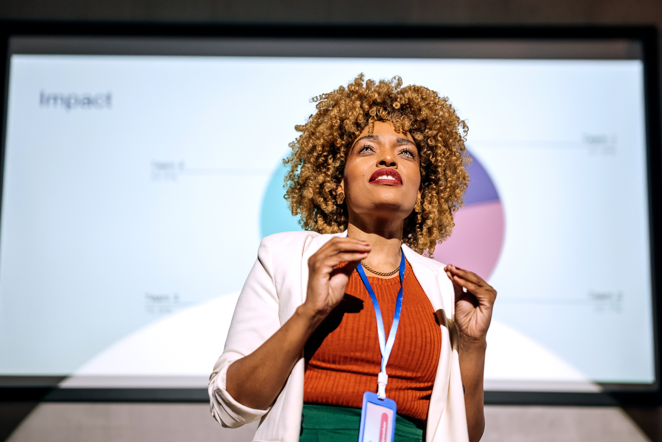 Businesswoman giving business pitch presentation