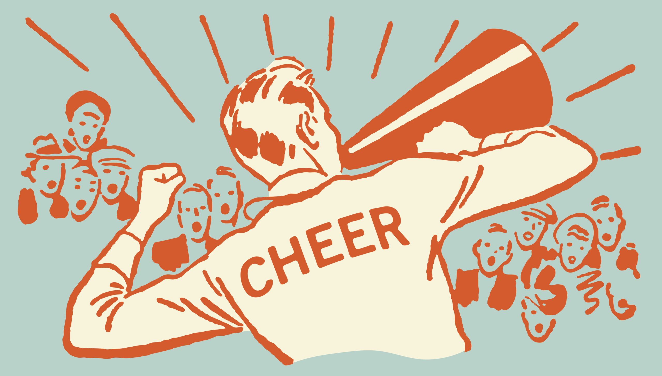 Retro cartoon of man cheerleading crowd, defining a PR strategy concept
