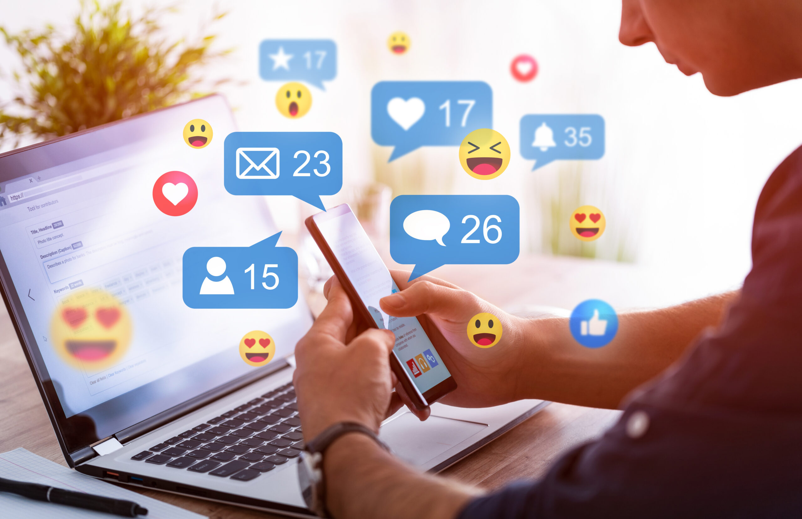 Man peering at smartphone with social media likes and metrics, micro-influencers concept