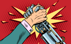 AI HR concept. Human hand gripping robot arm