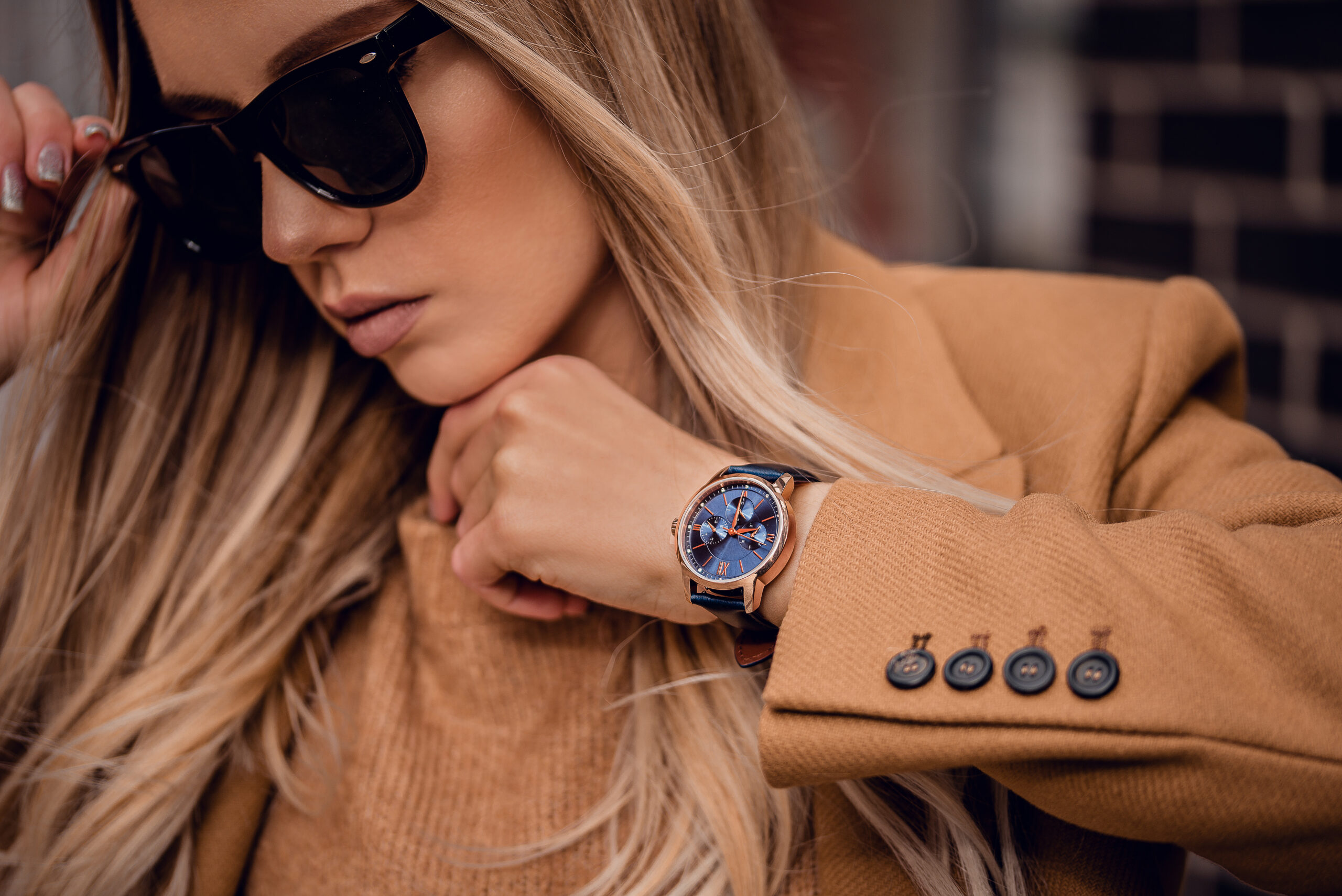 Stylish watch on woman hand