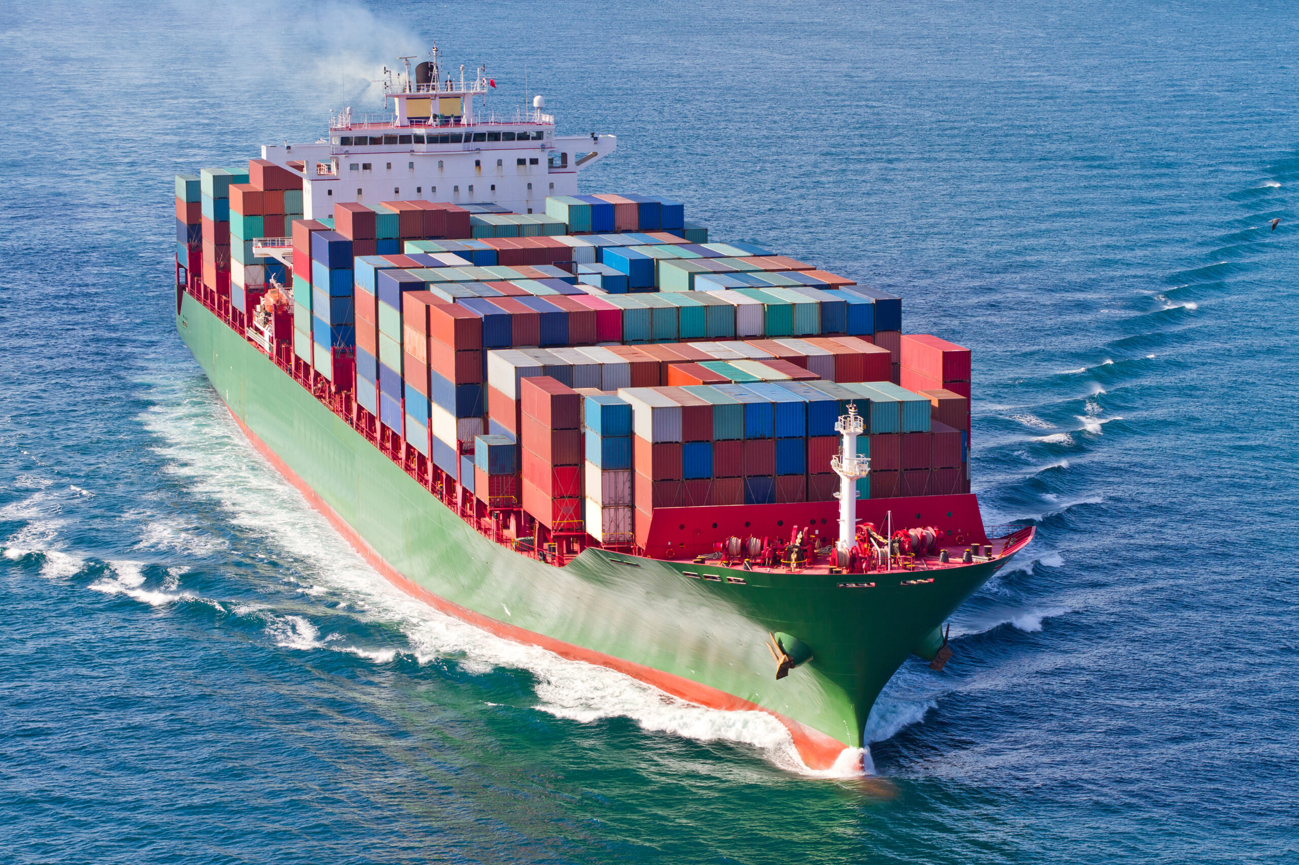 Dimensional weight concept. Cargo ship on high sea