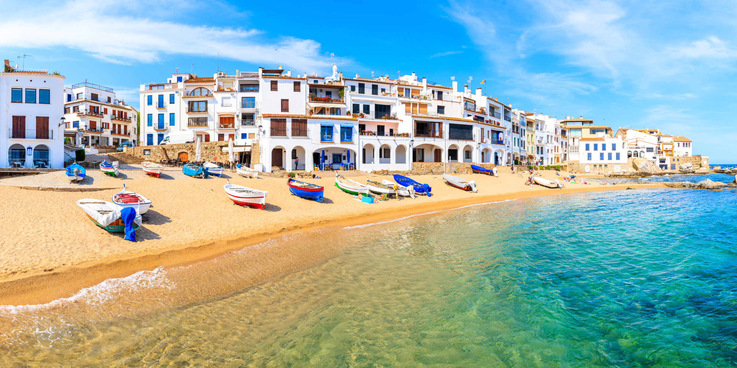 Panoramic view of fishing boats on beach in Port Bo