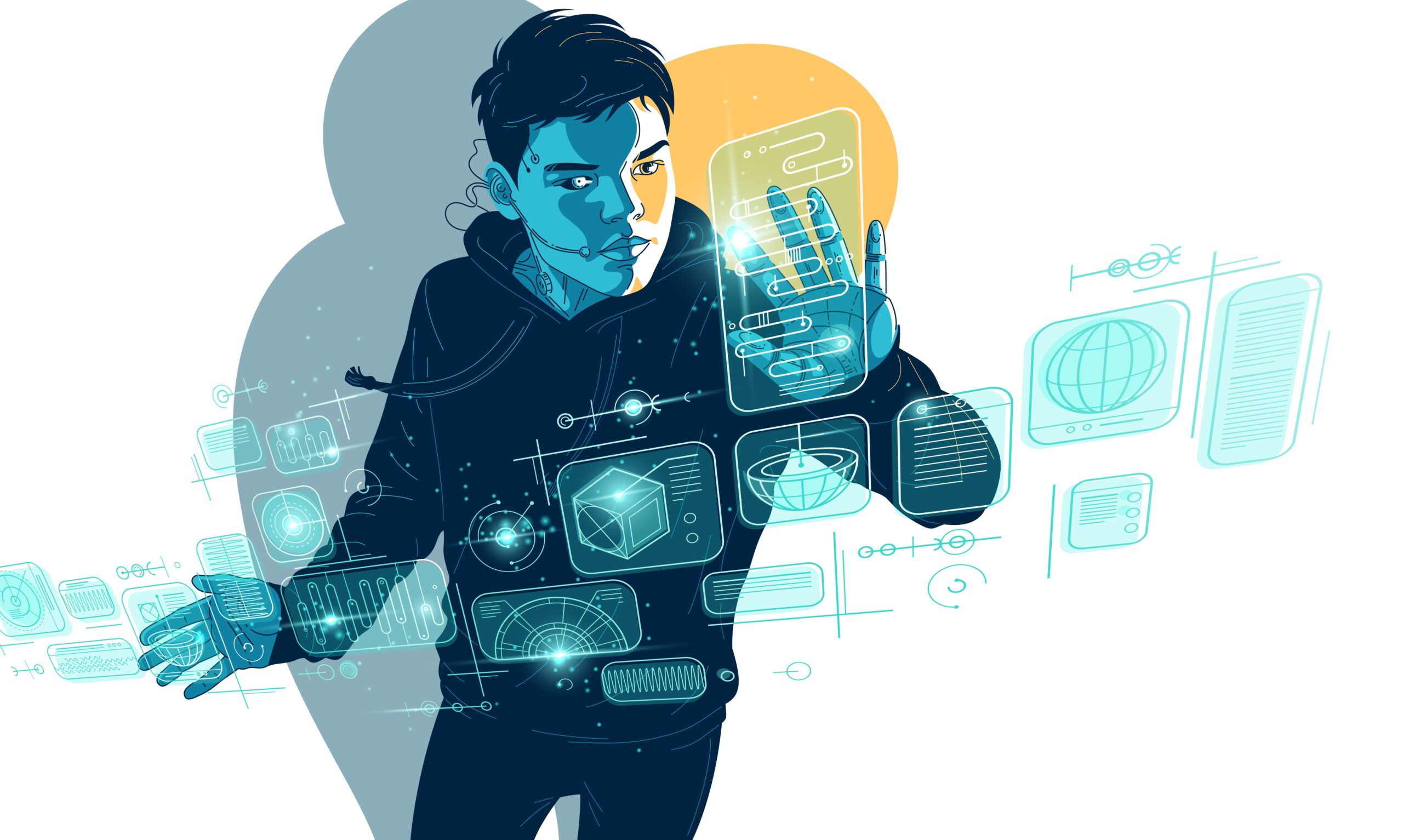 Edtech marketing concept. Teenager boy robot controls HUD virtual interface vector.