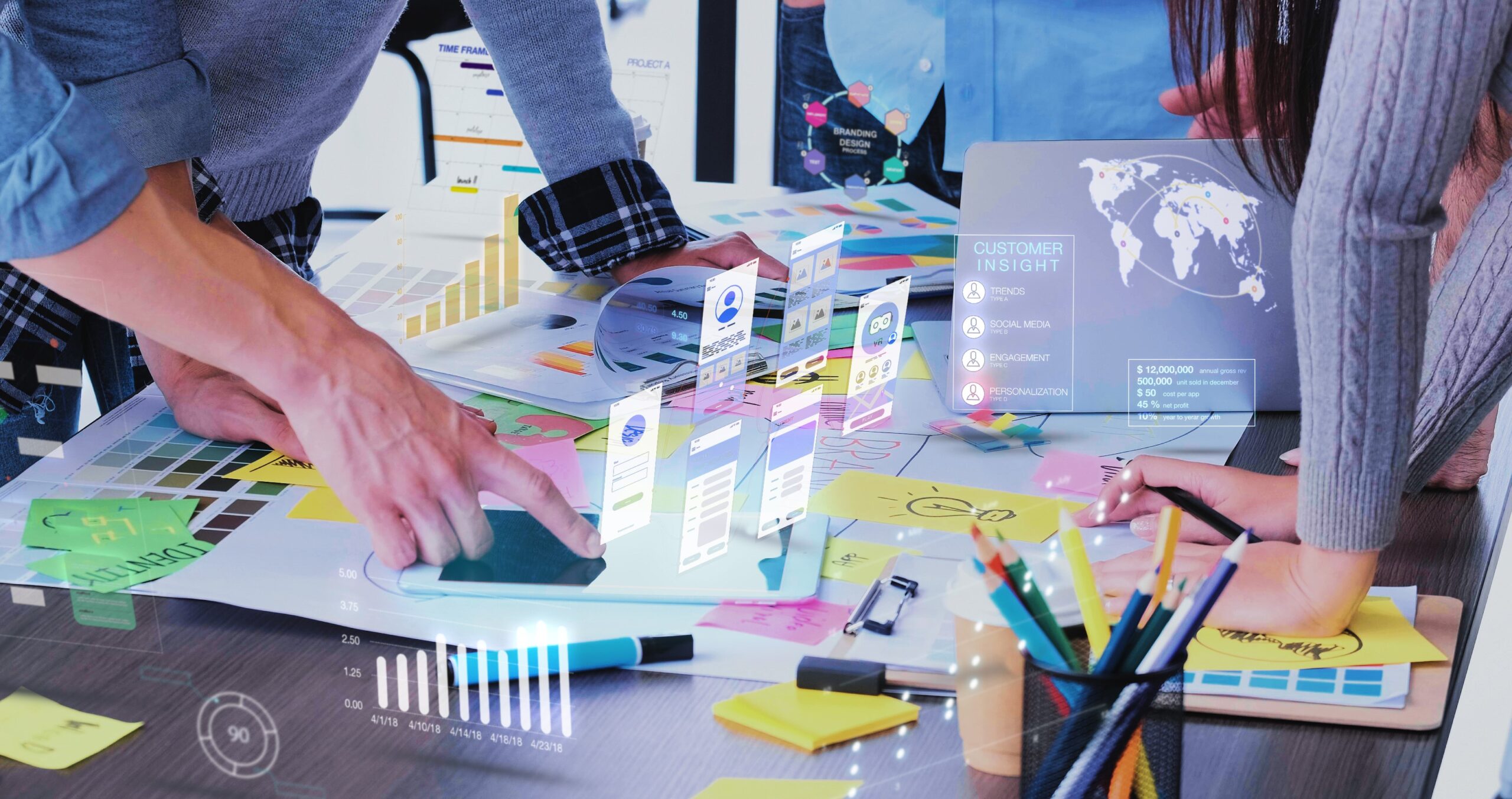 Office workers clustered around augmented reality marketing campaign, marketing tech start-ups concept