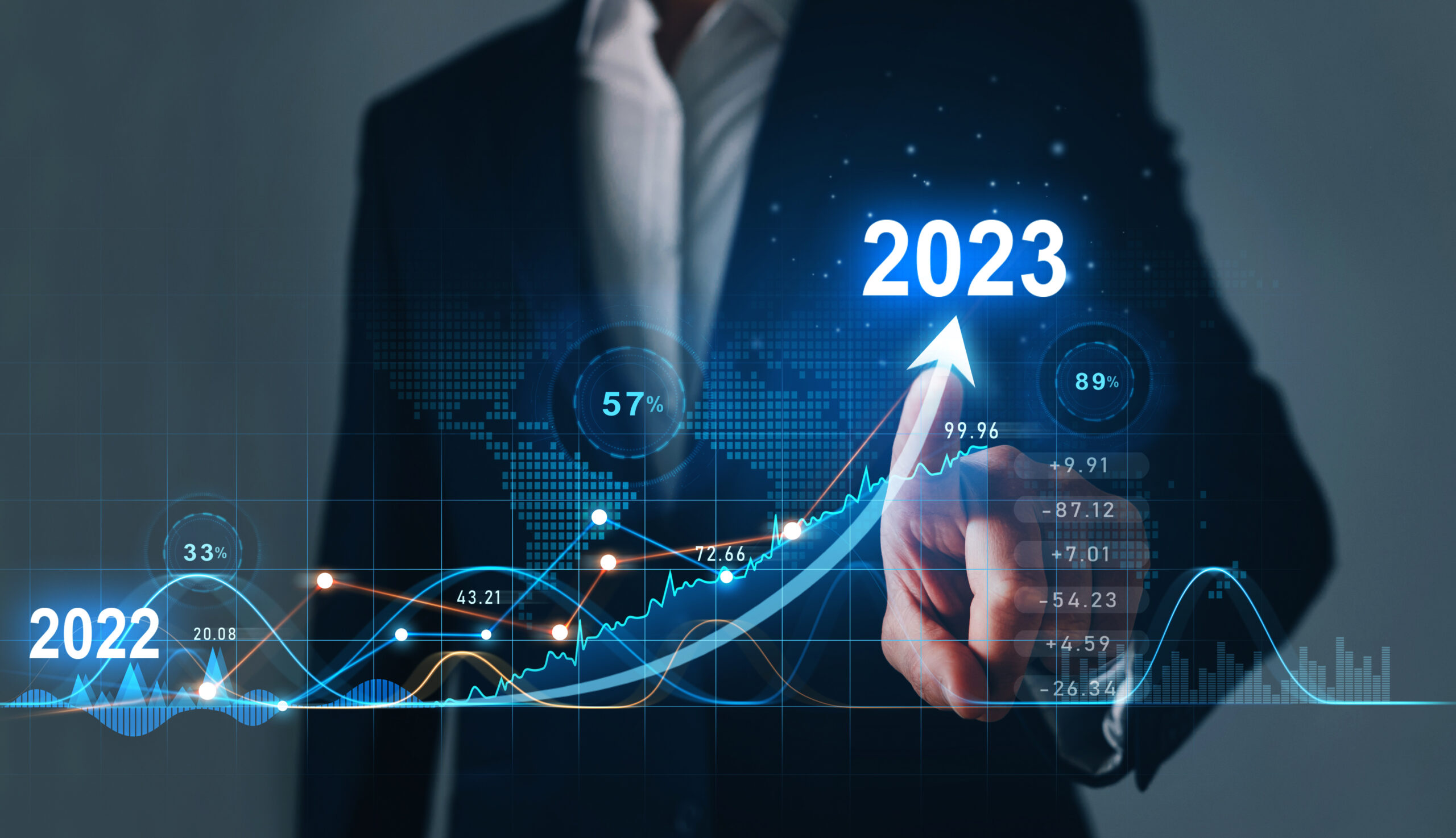 Growing startup's revenue concept. Headless businessman swiping up overlaid digital 2023 graph