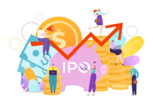 IPO benefits concept. Colour psychedelic-style cartoon illustrating IPO
