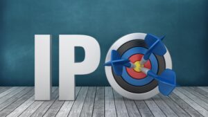 Company IPO concept. 3D letters IPO with target and arrows hitting bullseye in middle of the letter O