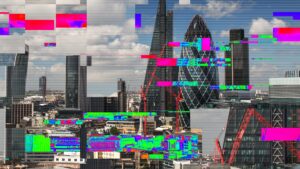 Foreign tech investment concept. London skyline with digital disruption
