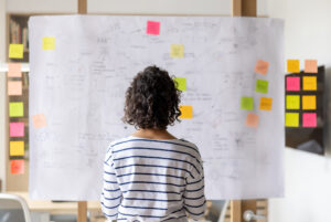 Businesswoman looking up at project management board with sticky notes