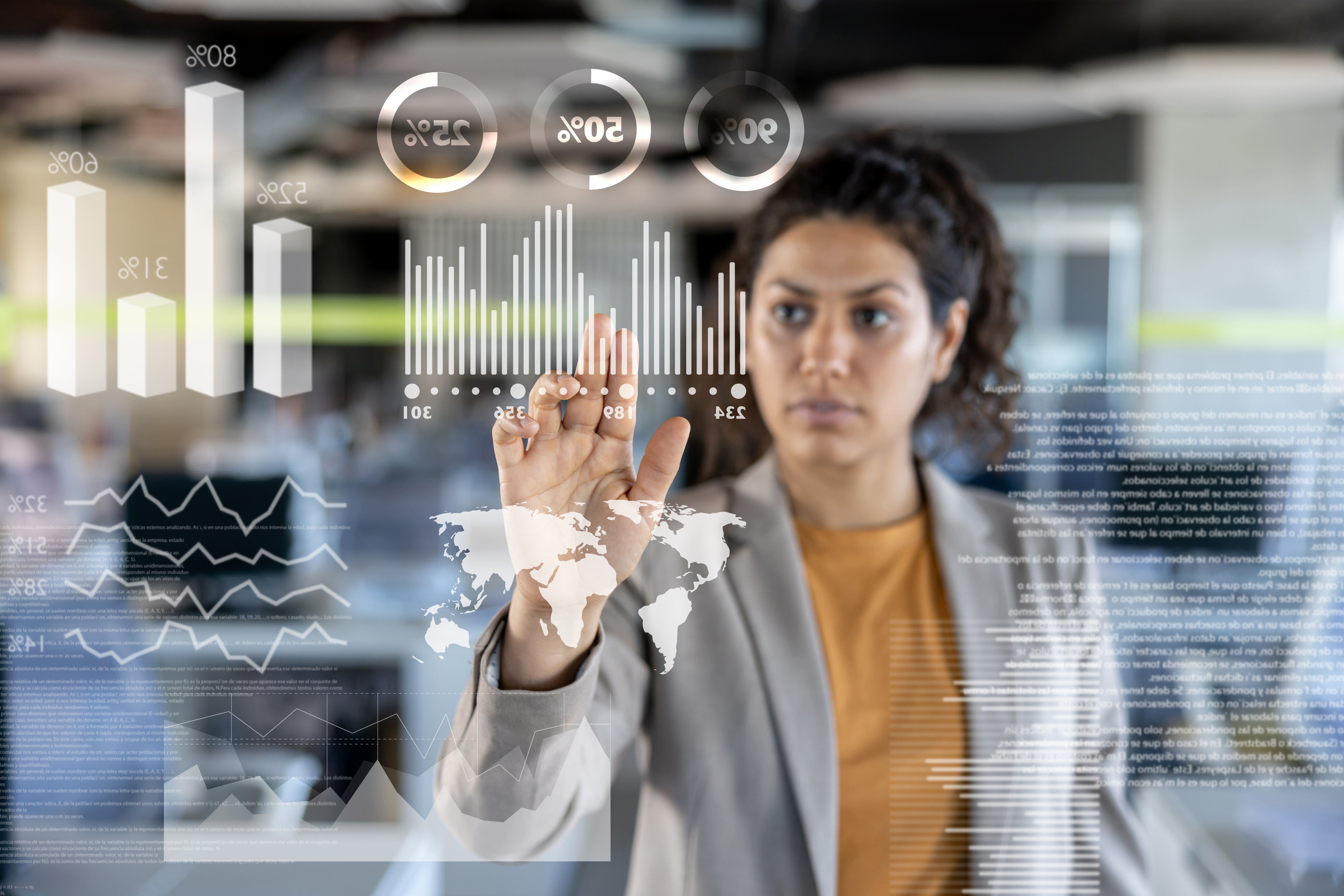 AI startups concept. Ethnic businesswoman scientist touching digital screen